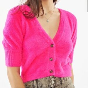 For Love & Lemons Hot Neon Pink Chateau Fuzzy Short Sleeve Cardigan Size Small